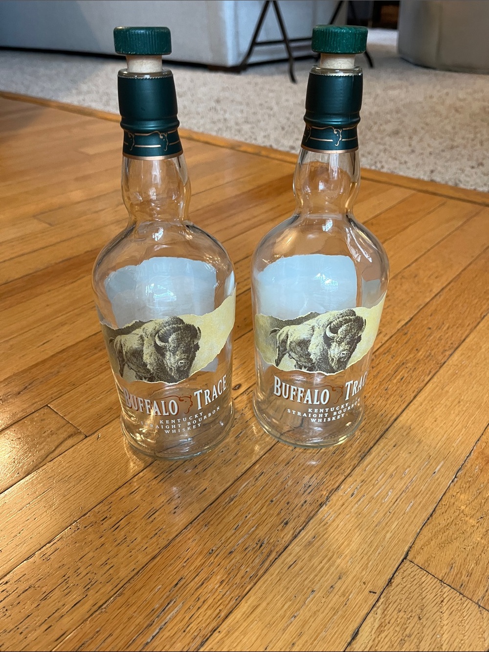 Buffalo Trace bourbon Clear Glass Bottles with original Green Caps - Set of 2